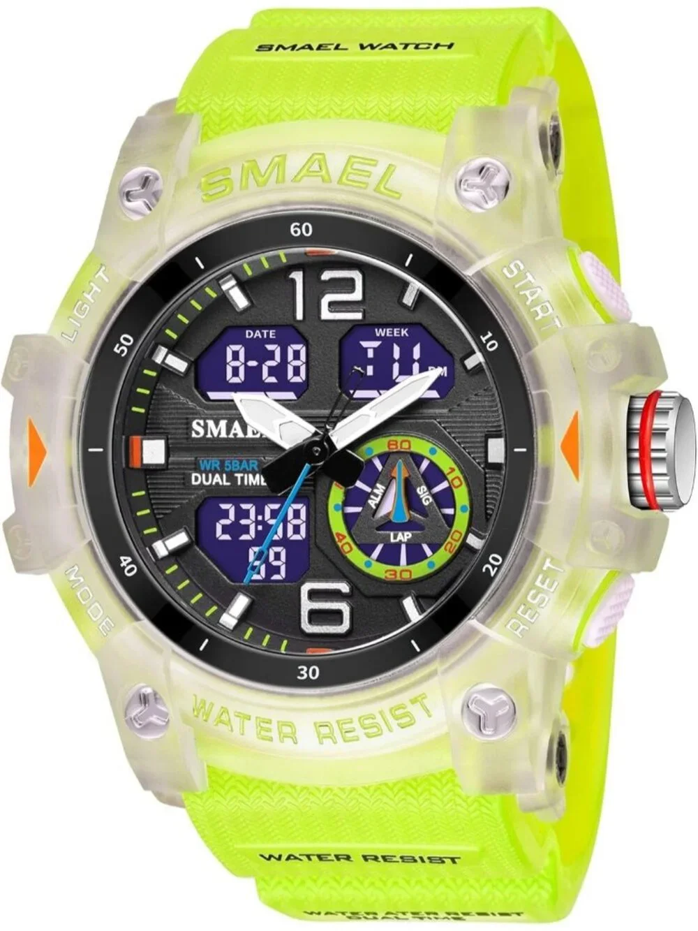 Mens Translucent&Green Analog Quartz S-Shock Waterproof Sports LED Digital Watch